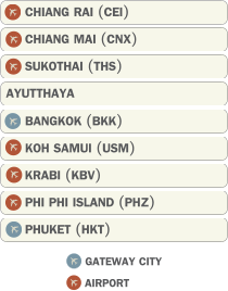 GATEWAY CITY AIRPORT CHIANG RAI (CEI) CHIANG MAI (CNX) SUKOTHAI (THS) AYUTTHAYA BANGKOK (BKK) KRABI (KBV) PHI PHI ISLAND (PHZ) PHUKET (HKT) KOH SAMUI (USM)