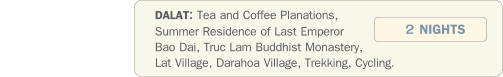 DALAT: Tea and Coffee Planations, Summer Residence of Last Emperor Bao Dai, Truc Lam Buddhist Monastery, Lat Village, Darahoa Village, Trekking, Cycling.  2 NIGHTS