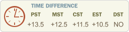 TIME DIFFERENCE    PST      MST     CST     EST      DST  +13.5    +12.5   +11.5  +10.5   NO